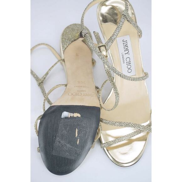 Jimmy Choo Gold Glitter Lame Elaine Strappy Sandals Size 36.5 High heels $595 - Picture 12 of 12